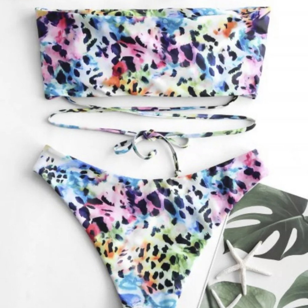 Zaful Leaopard Colorful Bandeau Bikini  Size Small